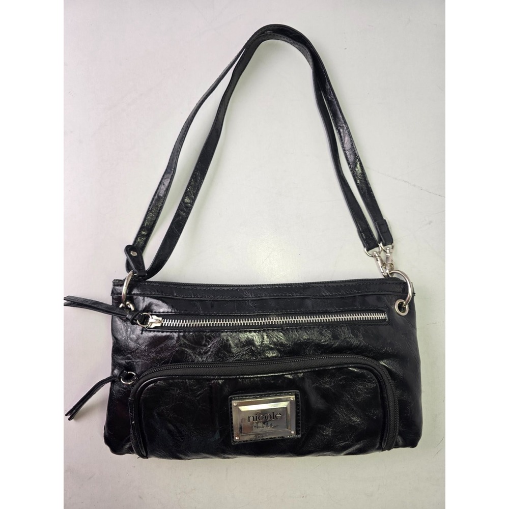 Nicole Miller Black Faux Textured Leather Crossbody Shoulder‎ Bag